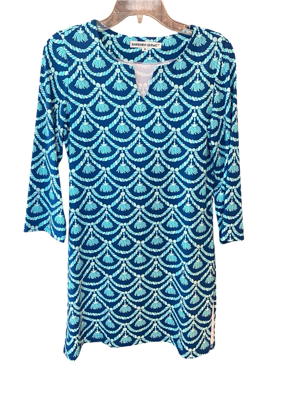 Barbara Gerwit Sz M Blue Tassle Patterned Tunic Summer Luxury Dress